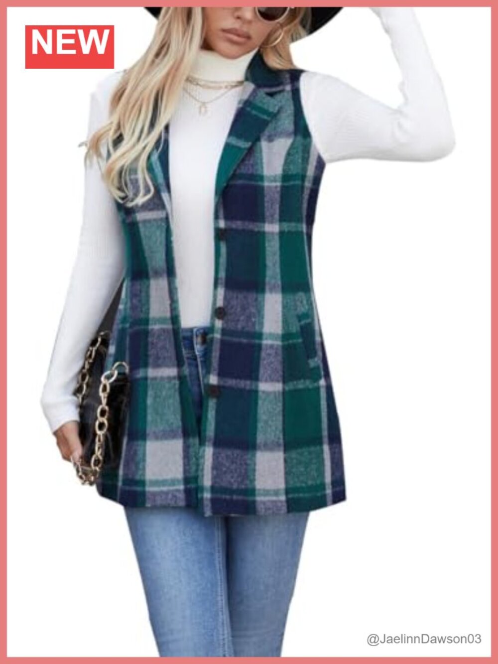 Flannel Plaid Sleeveless Blazer Vest Button Down Long Jacket with Pockets